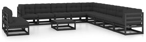 vidaXL 12 pcs conjunto longue jardim c/ almofadões pinho maciço preto
