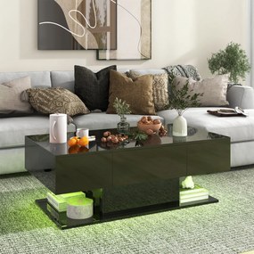 Mesa de centro retangular LED moderna de 2 níveis com 20 luzes LED coloridas 2 gavetas de arrumação 110 x 60 x 40 cm Preto