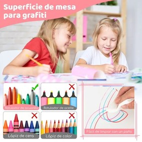 Conjunto de mesa para crianças e 4 cadeiras mesa regulável em altura com superfície de graffiti multifunções para arte e estudo Rosa