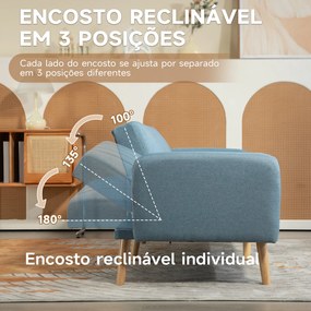 Sofá Cama de 2 Lugares com Encosto Ajustável em 3 Posições Apoio para os Braços e Pés de Madeira 173x75x73 cm Azul Claro