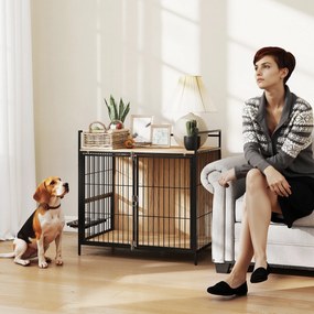 Gaiola para Cães Mesa Auxiliar Moderna com Suporte Giratório com 2 Tigelas para Cães Médios 80x56x76,5 cm Madeira e Preto