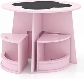 Conjunto de 5 Peças, Mesa Redonda Infantil e 4 Bancos com Arrumação, 70 x 70 x 49 cm, Design Empilhável, cor-de-rosa