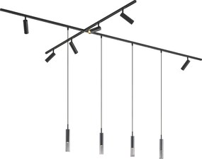 Sistema de calhas de iluminação moderno preto com 6 focos e 4 candeeiros suspensos monofásicos - Slimline Uzzy Loyce