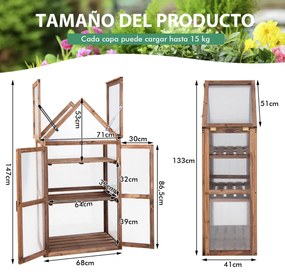 Mini Estufa 3 Níveis 71 x 41 x 133 cm Jardim de Madeira Abeto Teto Tampa rebatível Castanho