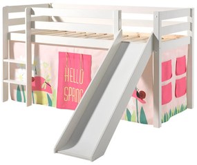 Conjunto Cama alta de Criança PINO 90 x 200 cm + estrado + escada + escorrega + cortina Primavera branca