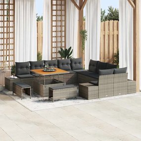 Conjunto de Sofá de Jardim de 13 Peças com Almofadas Cinza Rattan Poli Acácia