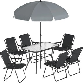 Outsunny Conjunto de Jantar para Jardim 8 Peças com Guarda-sol, Conjunto de Móveis de Jardim com 6 Cadeiras Dobráveis, Mesa em Vidro Temperado e Guarda-sol para Pátio, Preto | Aosom Portugal
