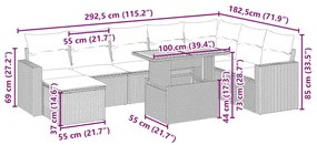 9 pcs conjunto de sofás p/ jardim com almofadões vime PE bege
