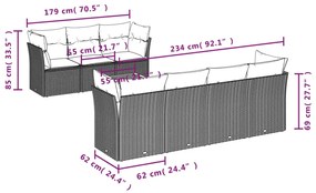 8 pcs conjunto sofás p/ jardim c/ almofadões vime PE cinzento