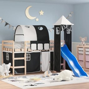 vidaXL Cama alta criança c/ torre 90x200 cm pinho maciço branco/preto