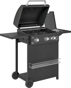 Outsunny Churrasco a Gás com Queimadores Independentes Tampa com Termômetro e Mesinha Lateral Preto | Aosom Portugal