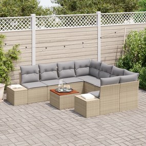 Conjunto de Sofá de Jardim de 9 Peças com Almofadas Bege e Rattan Poli