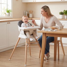 Cadeira de refeição evolutiva para bebés com tabuleiro e almofada removíveis, arnês de 5 pontos, pernas em madeira, banquinho portátil para 6-36 meses