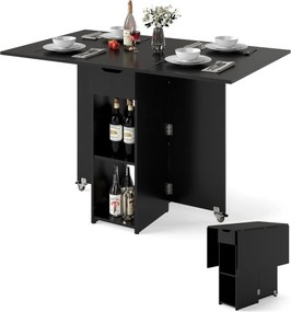 Mesa de jantar extensível 120 x 72 x 75 cm com 2 rodas; mesa de cozinha dobrável com prateleira, gaveta de 2 compartimentos e abas rebatíveis Preta