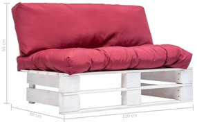 Sofá de paletes para jardim com almofadões vermelhos pinho