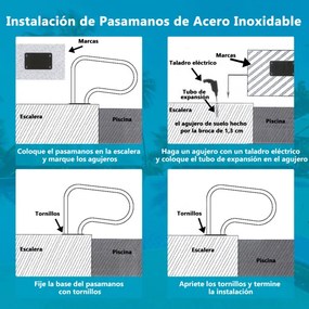 Conjunto de 2 Corrimãos de Piscina, 81 x 10 x 57 cm, em Aço Inoxidável SS304, Cinzento prateado