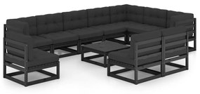 vidaXL 11 pcs conjunto longue jardim c/ almofadões pinho maciço preto