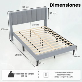 Estrutura de cama 211 x 155 x 105 cm com cabeceira estofada (COLCHÃO NÃO INCLUIDO) e estrado de ripas de madeira Cinza