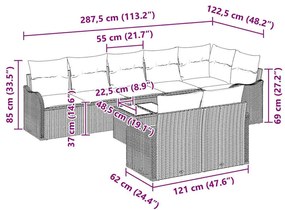 Conjunto de Sofás de Jardim de 8 Peças com Almofadas Cinzas em Rattan