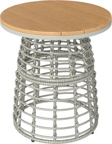 Mesa de centro de jardim, redonda em resina com acabamento em rattan e aço, com tampo composto, Ø45 x 50 cm, cinzenta