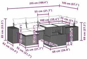 7 pcs conjunto de sofás p/ jardim c/ almofadões vime PE preto