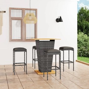 vidaXL 5 pcs conjunto de bar p/ jardim c/ almofadões vime PE cinzento