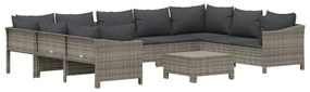 10 pcs conjunto lounge de jardim c/ almofadões vime PE cinzento