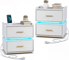 Conjunto de 2 mesas de cabeceira com estação de carregamento LED 45 x 40 x 48 cm, 2 gavetas, arrumação semi-suspensa e base metálica para sala ou quar