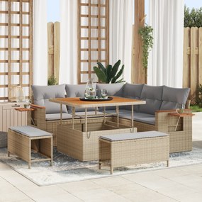Conjunto de Sofá de Jardim de 8 Peças com Almofadas Bege Vime PE Acácia