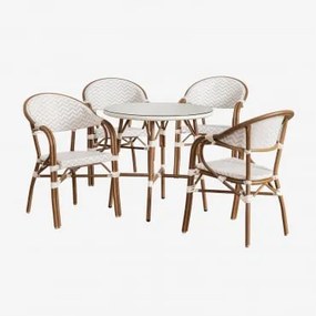 Conjunto De Mesa Redonda Ø80 Cm E 4 Cadeiras De Jantar Empilháveis Com Apoios De Braços Em Alumínio Brielle Bistro Nude Beige - Gardénia Branco -