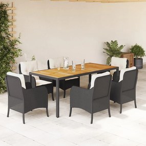 vidaXL 7 pcs conjunto de jantar p/ jardim c/ almofadões vime PE preto