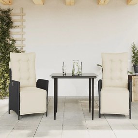 3 pcs conjunto de jantar p/ jardim c/ almofadões vime PE preto