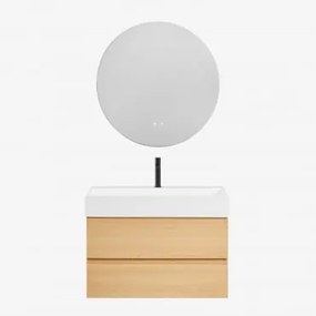 Conjunto De Móvel De Casa De Banho Em Madeira E Chapa De Freixo Com Lavatório Integrado Ona Madeira Natural & Redondo Led E - Sklum