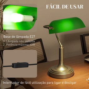 Candeeiro de Mesa Banqueiro Candeeiro de Mesa Vintage E27 com Ecrã Orientável a 45° 26,8x22x39,5 cm Verde