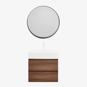 Conjunto De Móvel De Casa De Banho Em Madeira E Chapa De Freixo Com Lavatório Integrado Ona Madeira Escura & Redondo Led - Sklum