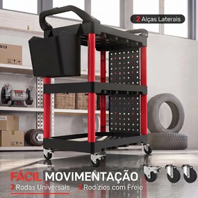Carrinho de Ferramentas  de 3 Níveis com Painéis Perfurados, Ganchos, Balde de Arrumação e Rodas, Preto e Vermelho