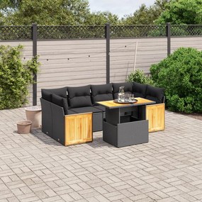 7 pcs conjunto de sofás p/ jardim c/ almofadões vime PE preto