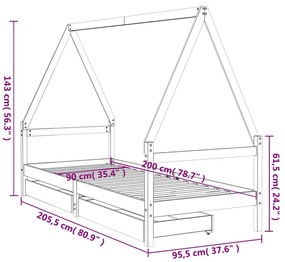 Estrutura de cama infantil c/ gavetas 90x200 cm pinho maciço