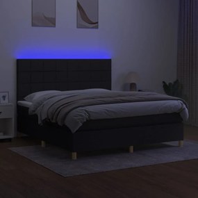 Cama box spring c/ colchão e LED 160x200 cm tecido preto