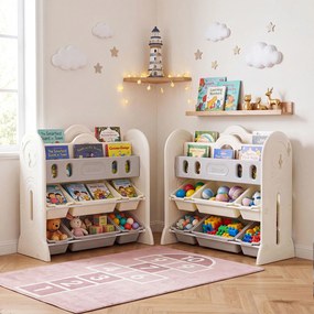 Estante Infantil para Livros e Brinquedos com Design de Astronauta, 85 x 41 x 84 cm, 6 Caixas Removíveis, Cinzento + Branco