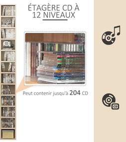 Organizador para CD e DVD , 21 x 20 x 175 cm, estante vertical, móvel de arrumação com 12 compartimentos, capacidade máxima de 204 CD, madeira natural
