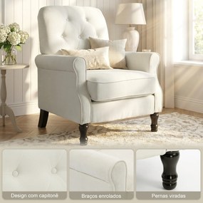 Sofá Individual Estofado em Linho Assento Acolchoado Espesso Encosto Capitonê Pés de Madeira Maciça Creme