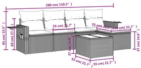 6 pcs conjunto de sofás jardim c/ almofadões vime PE castanho