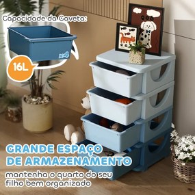 Organizador de Brinquedos 37x37x76 cm com 4 Gavetas Torre de Arrumação para Crianças +3 Anos Cantos Arredondados e Pegas Azul