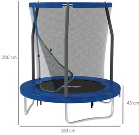 Trampolim Infantil Ø183 cm, para Crianças com Rede de Segurança Barras Acolchoadas Capa de Segurança e Estrutura de Aço Azul