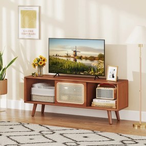 Móvel de TV moderno 120,5 x 31 x 45,5 cm em bambu até 55'' com Portas deslizantes em vime Prateleira Castanho