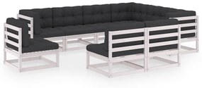 vidaXL 9 pcs conj. lounge de jardim c/ almofadões pinho maciço branco