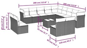 14 pcs conjunto sofás p/ jardim c/ almofadões vime PE cinzento
