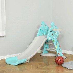 Escorrega Infantil Dobrável com Cesta de Basquetebol para Crianças acima de 18 meses Modelo Girafa para Interiores e Exteriores 140x87x75cm Azul e Cin