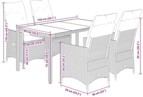 5 pcs conjunto de jantar p/ jardim c/ almofadões vime PE preto